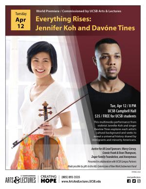 Jennifer Koh on the left side holding a violin against a white background, Davone Tines on the right side looking down in a black shirt against a red background